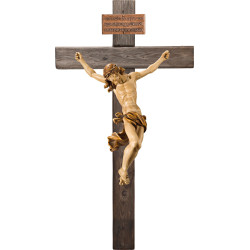 Cristo Barroco en cruz Madera vieja con Titulus Crucis en hebreo - latín - griego